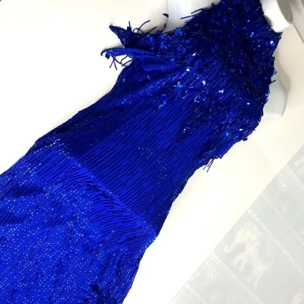 NiteLine by Della Roufogali Blue Silk Beaded Evening Gown Vintage Formal Dress 6